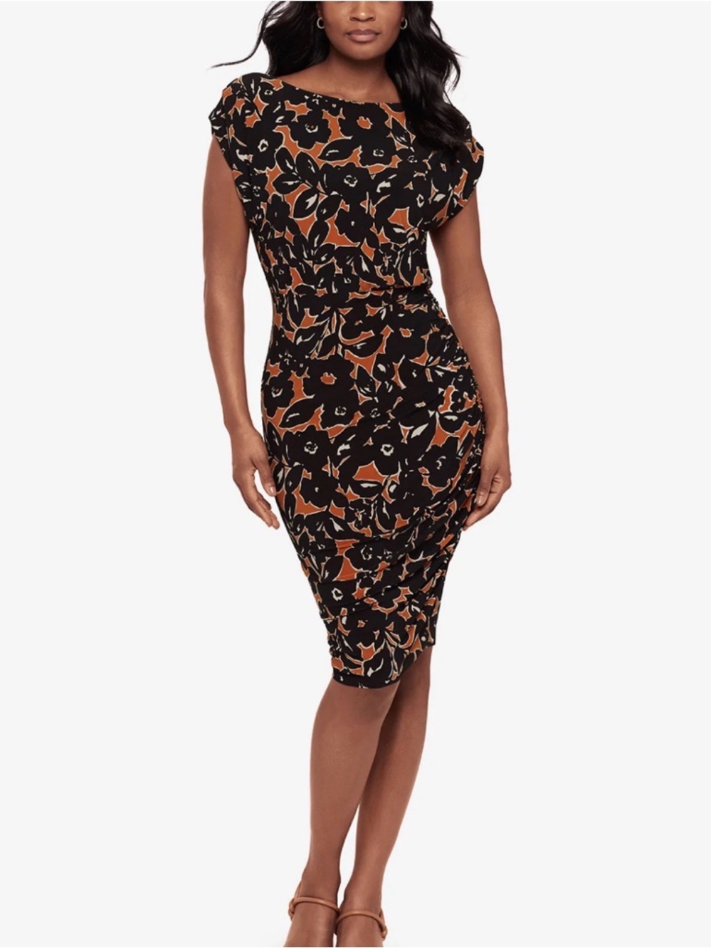 Miraclesuit Midi Black Beige & Rust  Floral Shaping & Slimming Dress size M